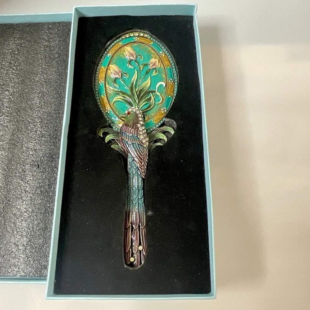 Art Nouveau Parrot Enamel Hand Mirror Mandalay Austrian Crystal Box Twos Company